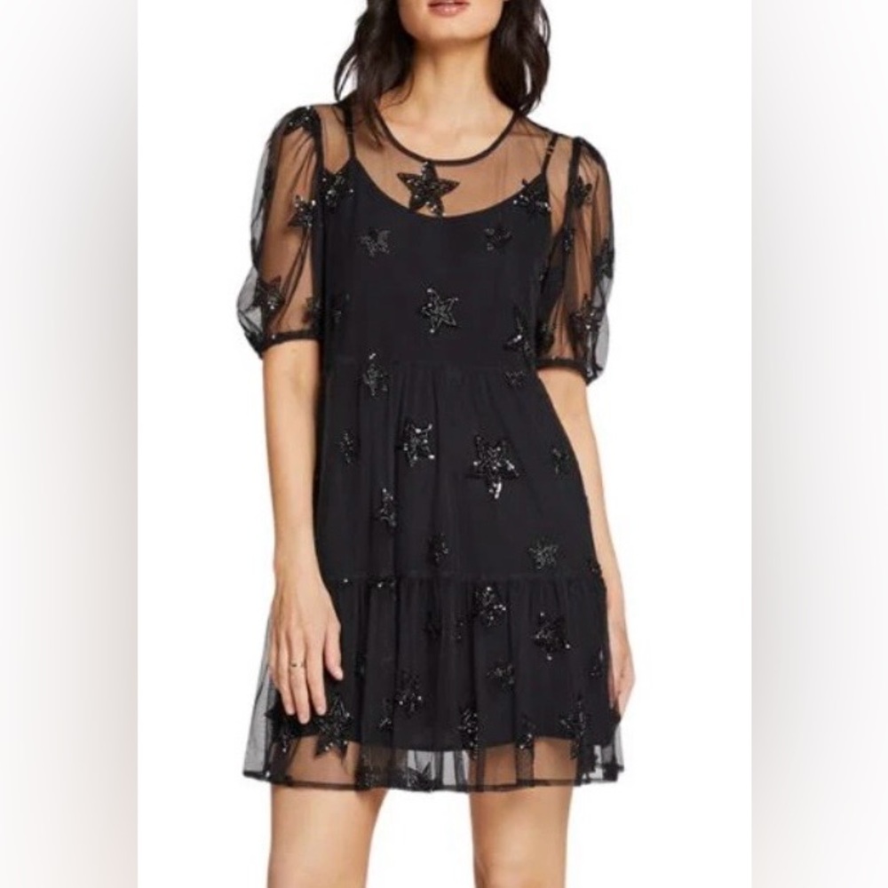 saltwater LUXE Black Star-Embellished Mesh Mini Dress